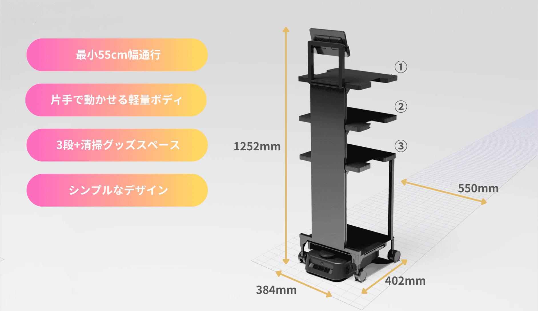 「最小55cm幅通行」「片手で動かせる軽量ボディ」「3段+清掃グッズスペース」「シンプルなデザイン」
